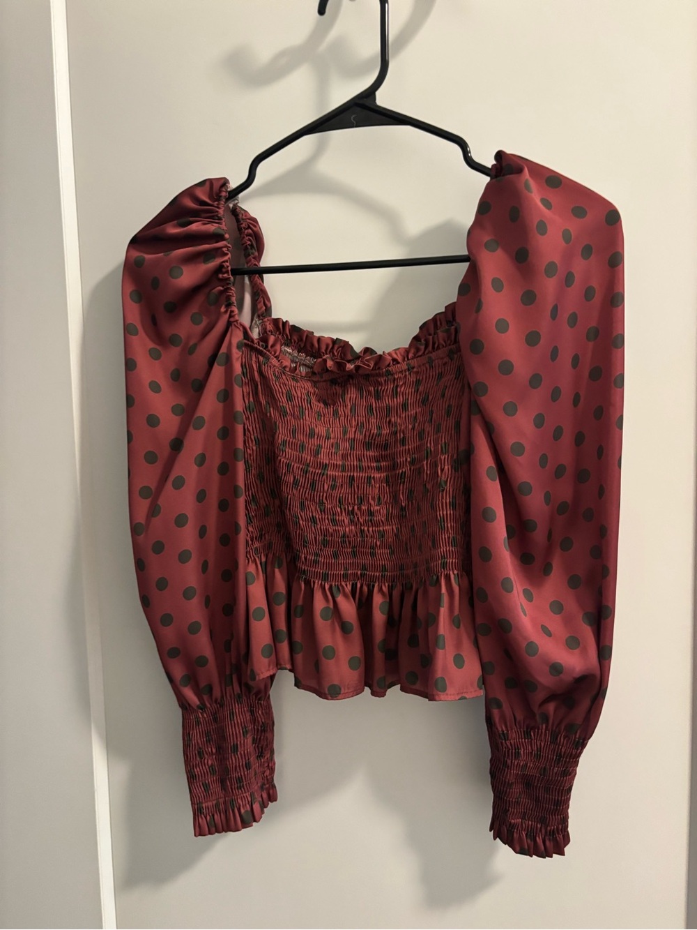 Zara Rust Red Polka Dot Smocked Peasant Blouse